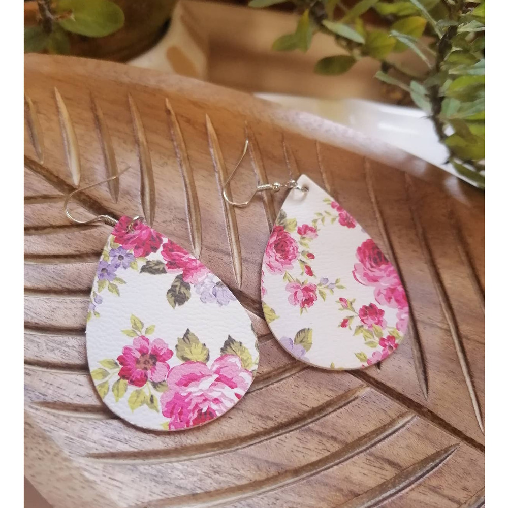Faux Leather Pink Floral Teardrop Dangle Earrings